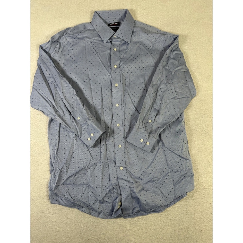 Kirkland Signature Button Down Mens 17.5 32/33 Blue Dotted Tailored Fit Shirt
